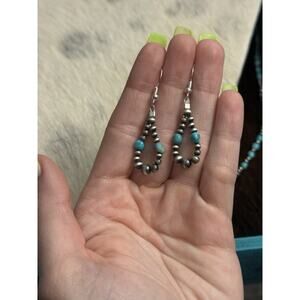 Native American Sterling Silver Navajo Pearl Blue Ridge Turquoise Hoop Earrings